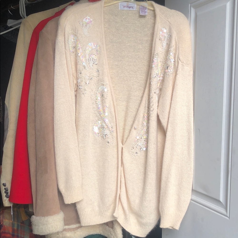 Vintage Cream Sequin-Embellished Women's Sweater Cardigan